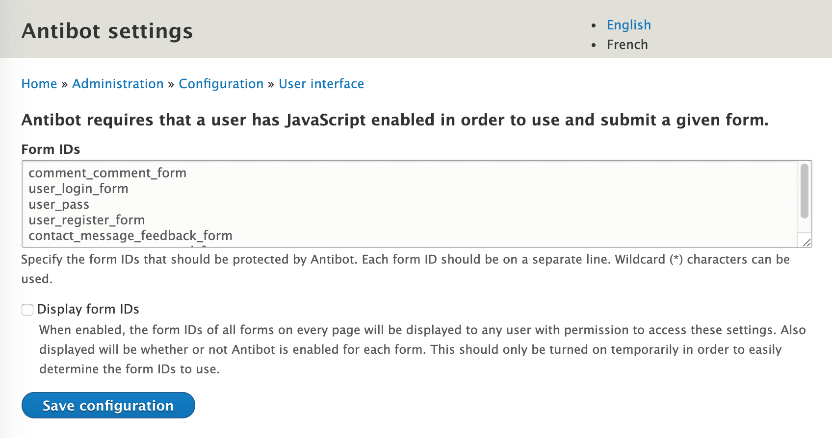 Antibot configuration form